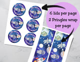 Sheet of stickers with space-themed designs and text, showing 6 lids per page and 2 Pringles wrap per page.