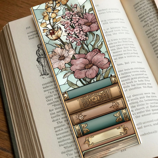 Decorative bookmark with floral design and books on an open book