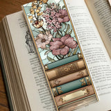 Decorative bookmark with floral design and books on an open book