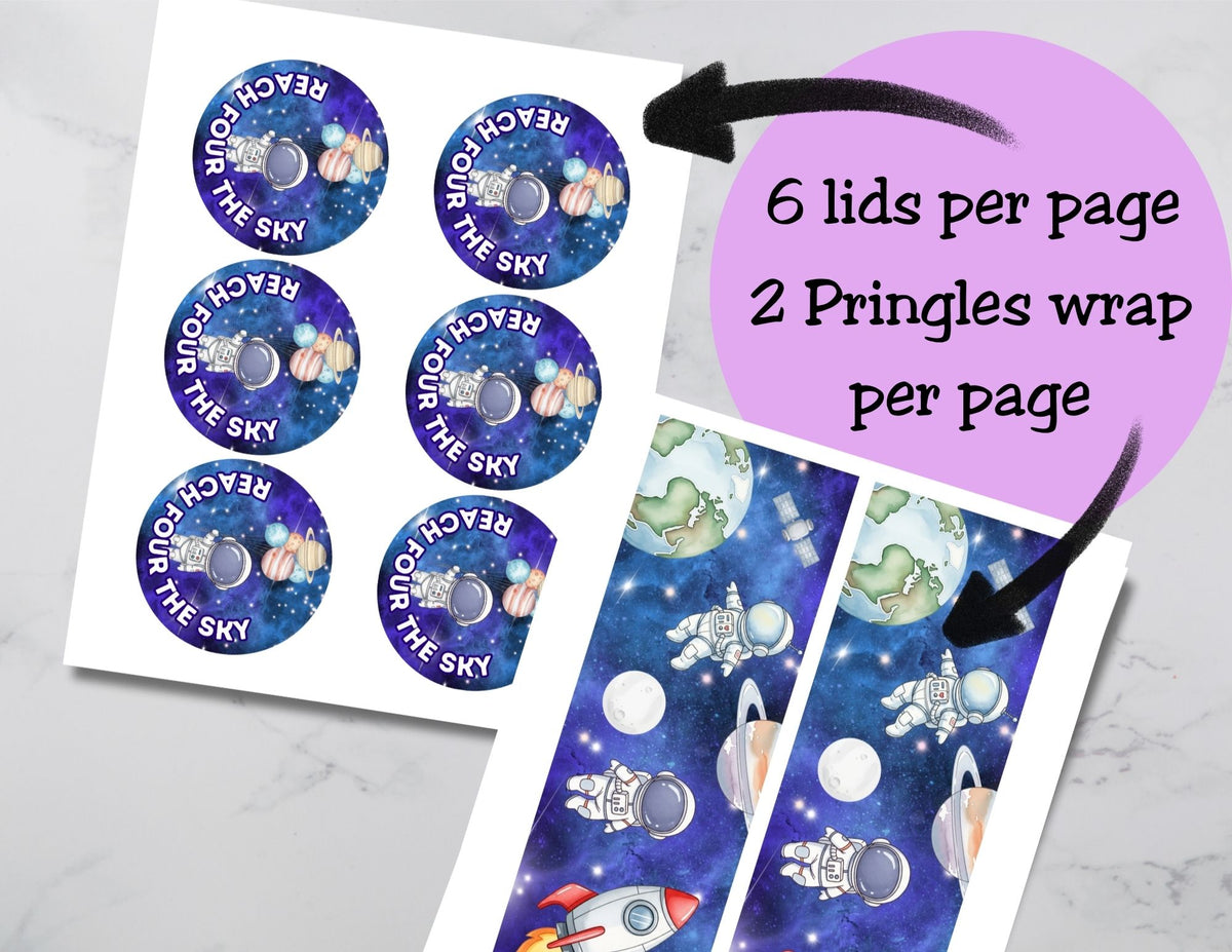 Sheet of stickers with space-themed designs and text, showing 6 lids per page and 2 Pringles wrap per page.