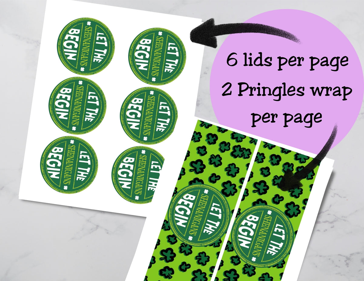 Green labels with text 'Let the Begin' on a Pringles wrap, with text overlay indicating packaging details.