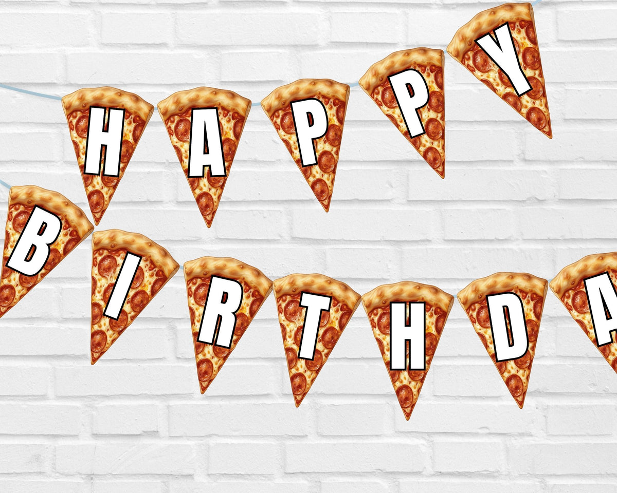 Pizza slice-shaped banner with 'Happy Birthday' text on a white brick wall background
