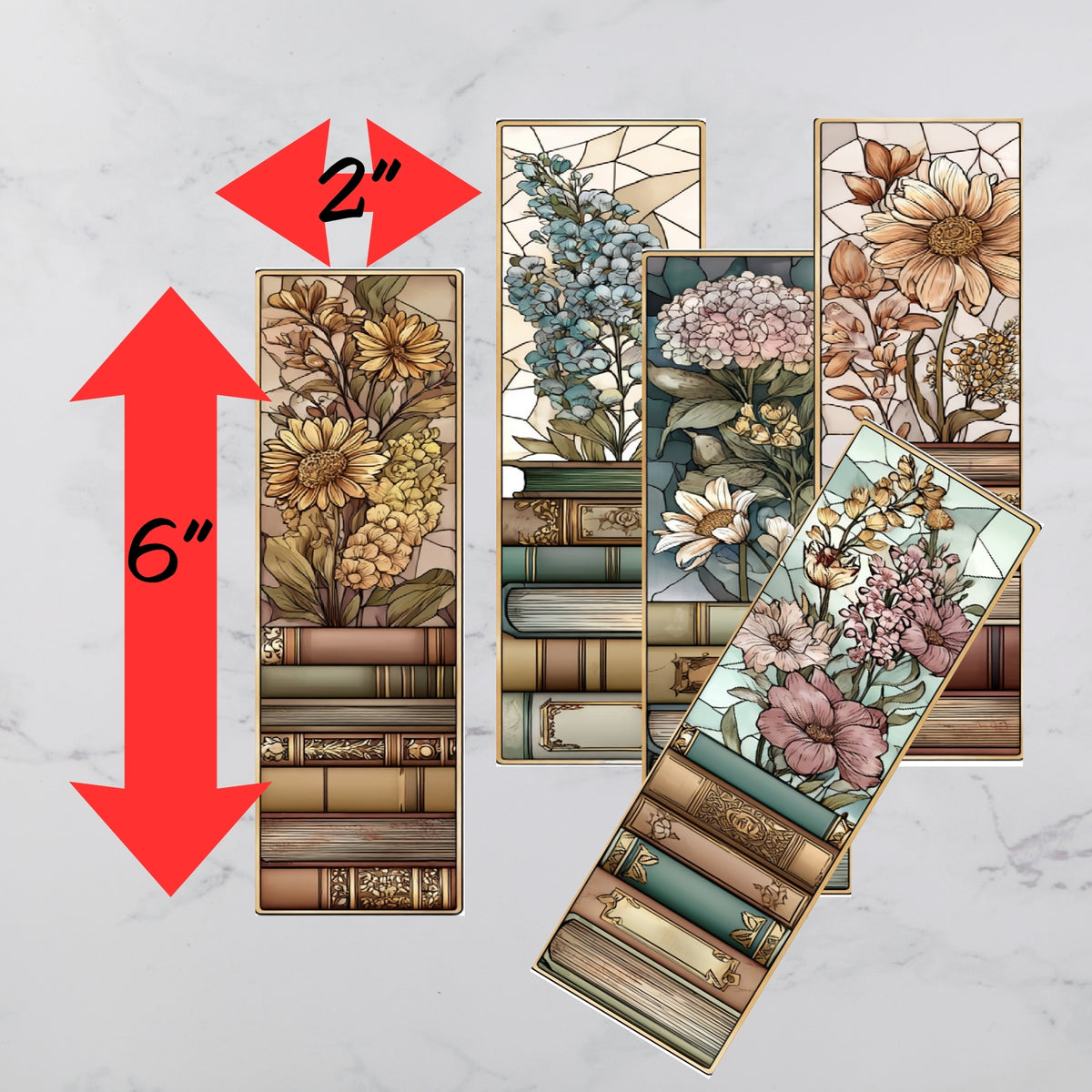 Decorative bookmarks with floral and book designs, shown with measurements on a light gray background.