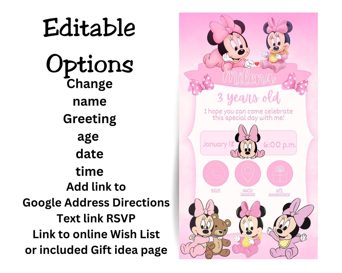 Baby Minnie Mobile Party Invitation Editable Canva Link