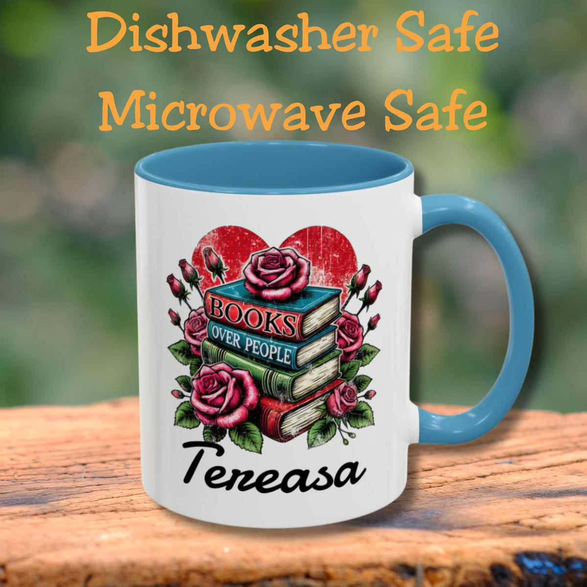 Books over People Book Stack with Roses Personalized Mug