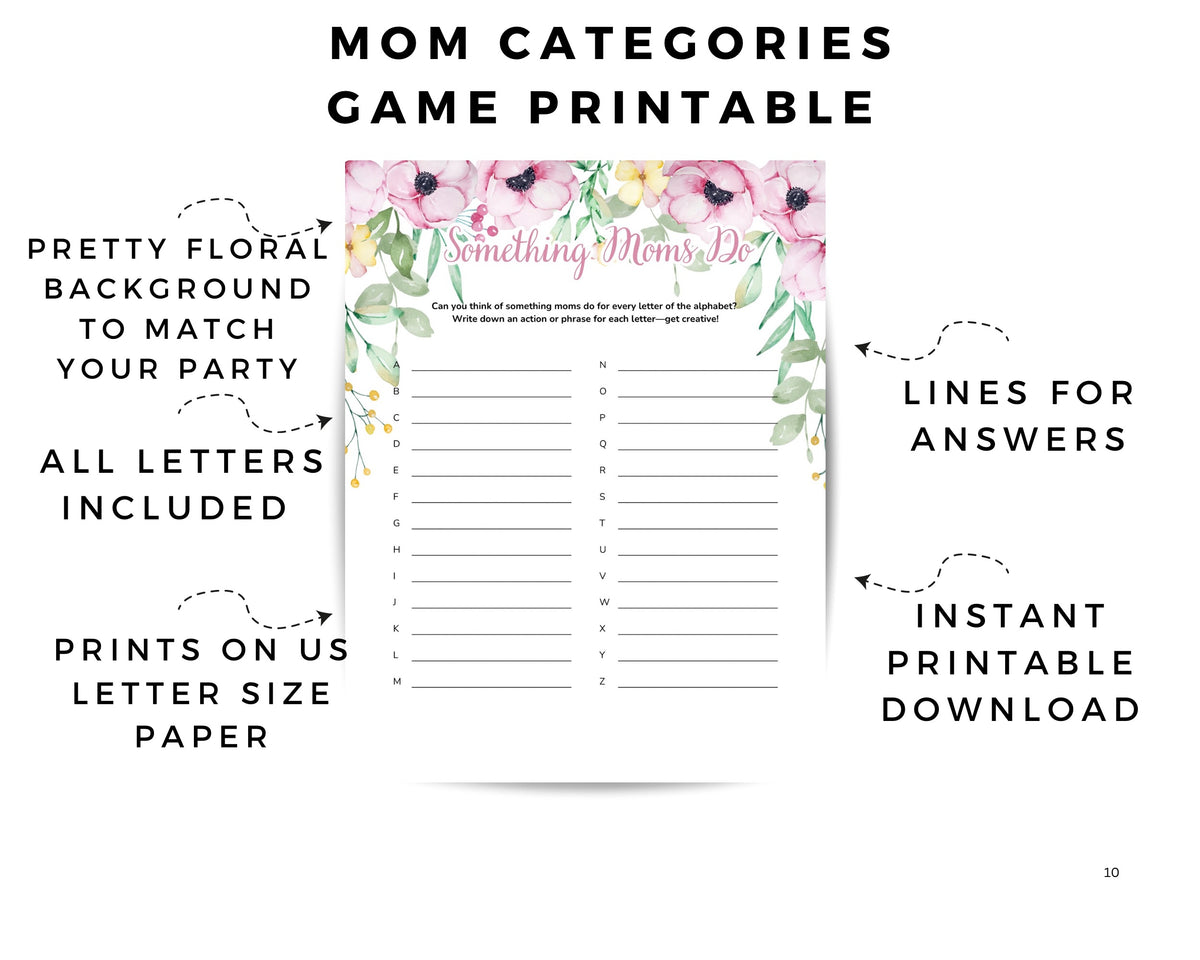 Mom Printable Games for Mothers Day or Pink Flower Baby Shower