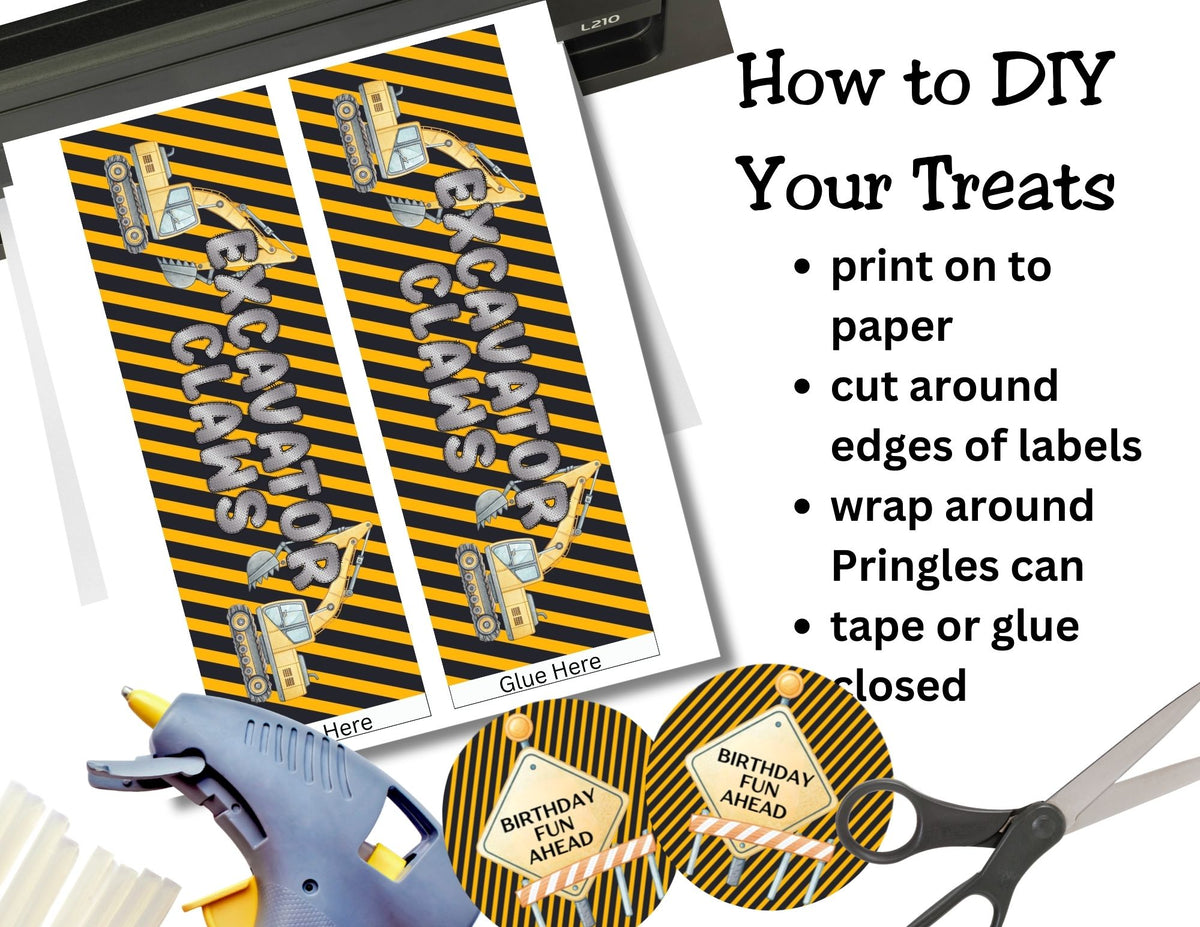 Construction Pringles Can Label & Lid Party Favor Printable