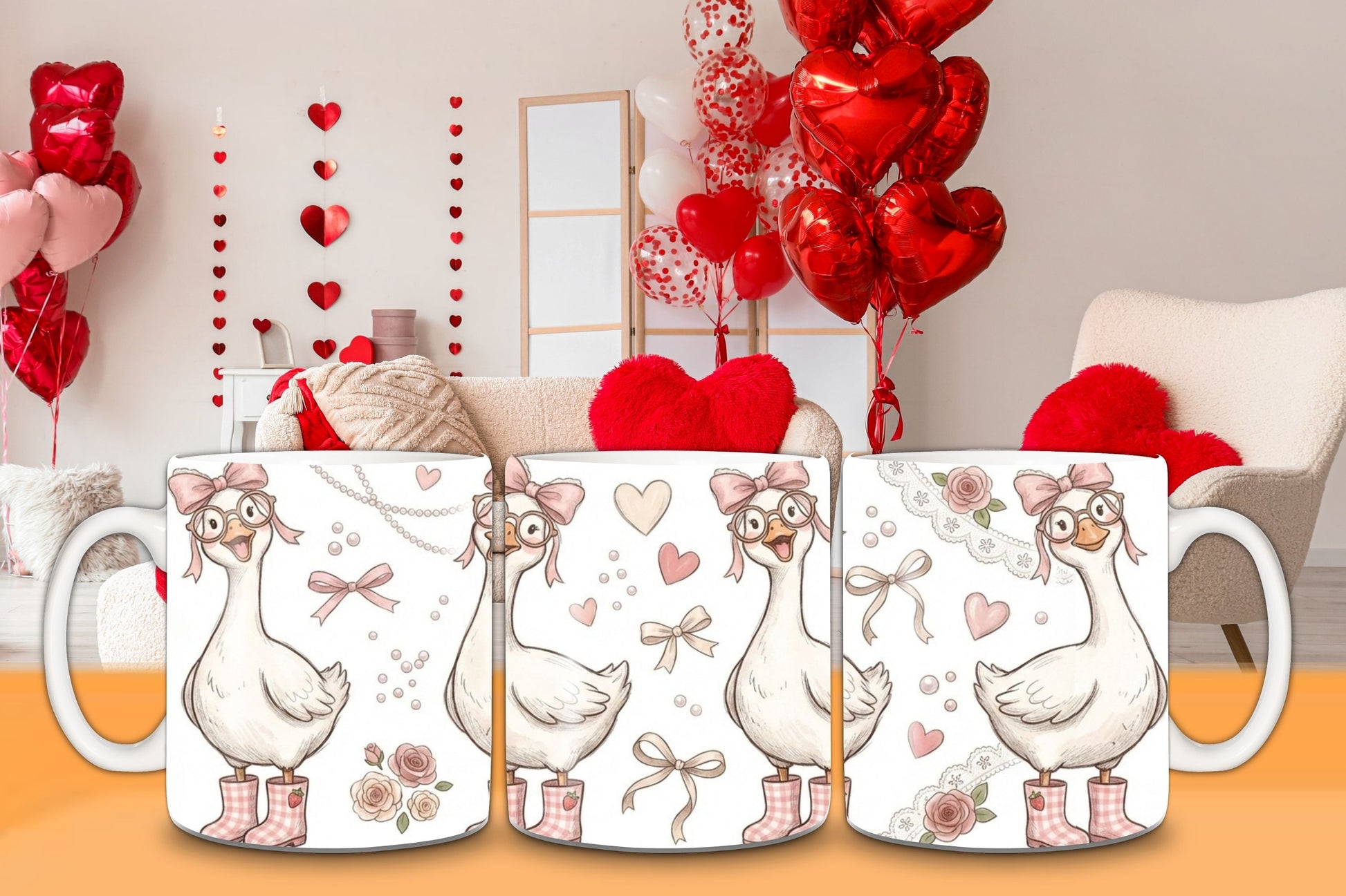 Two mugs with a cartoon duck design on a table with heart-shaped balloons in the background.