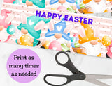 Colorful Easter-themed paper with 'Happy Easter' text and scissors on a white background