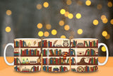 Mug with bookshelf design on a wooden surface with blurred lights in the background