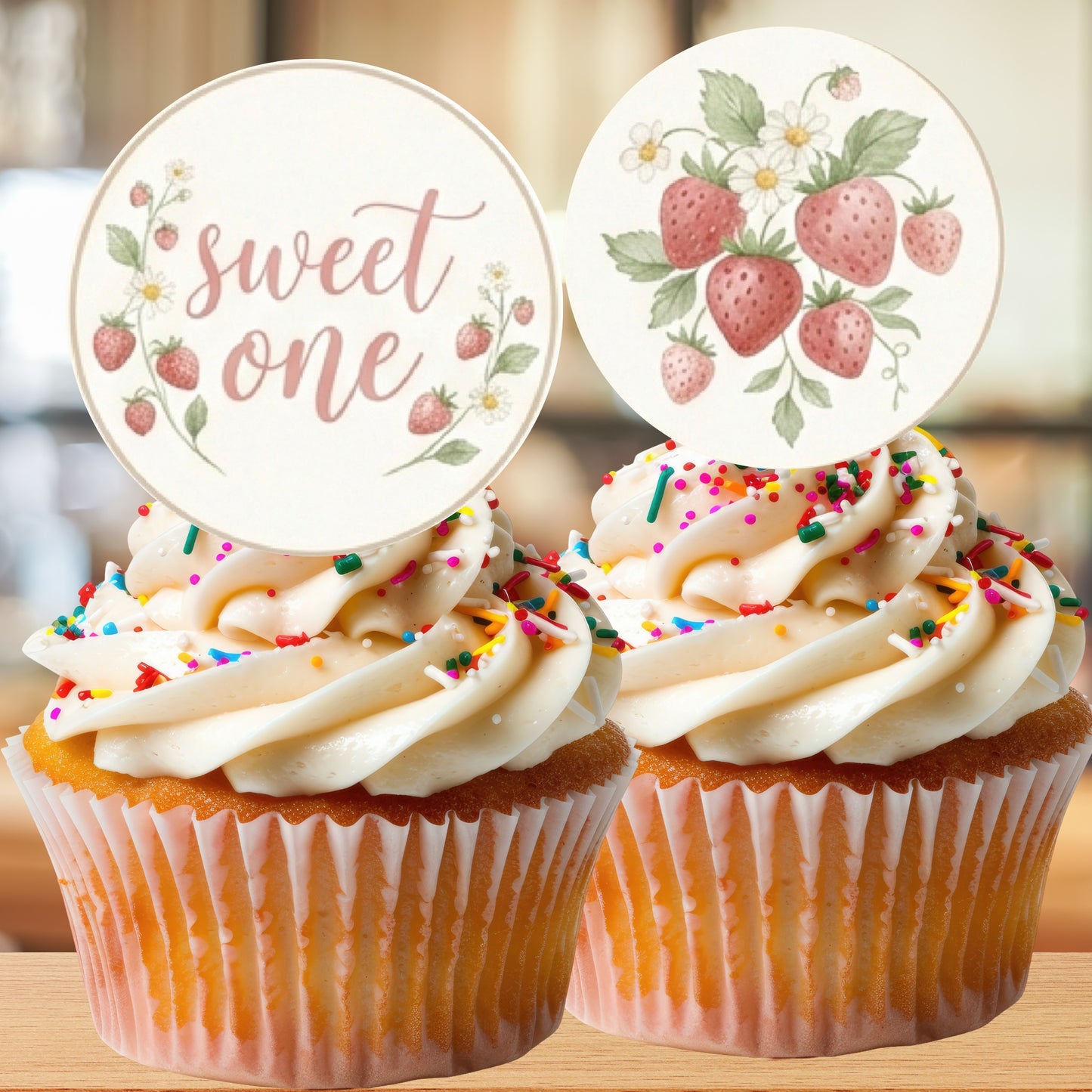 Two cupcakes with white frosting, colorful sprinkles, and 'sweet one' toppers on a wooden surface.