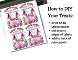 Sticker paper with 'Hoppy Juice' labels featuring bunnies and flowers, with text on how to use them.