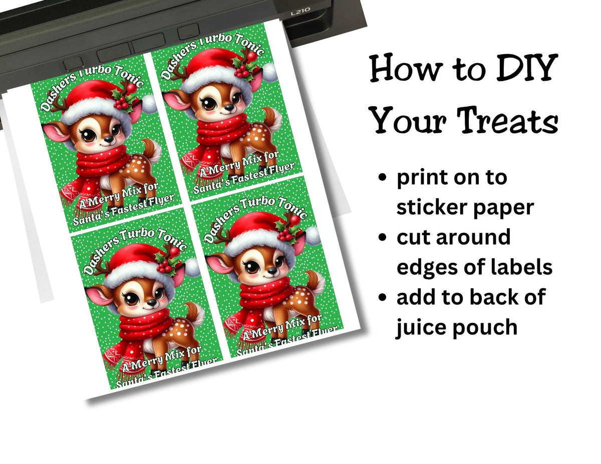 Reindeer Capri Sun Labels – Printable Christmas Drink Pouch Stickers for Kids