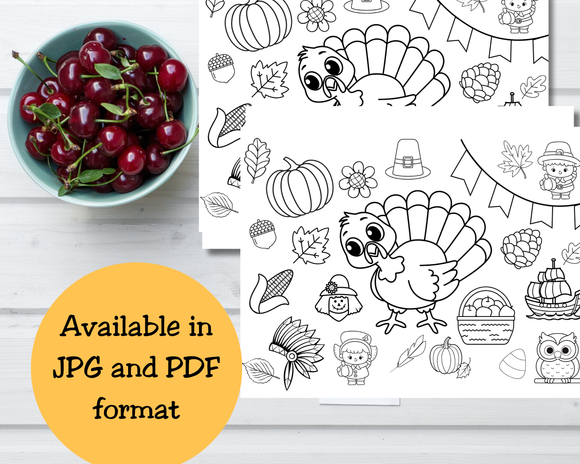 Thanksgiving Activity Placemats for Kids, Printable Thanksgiving Games, Kids Table Activities