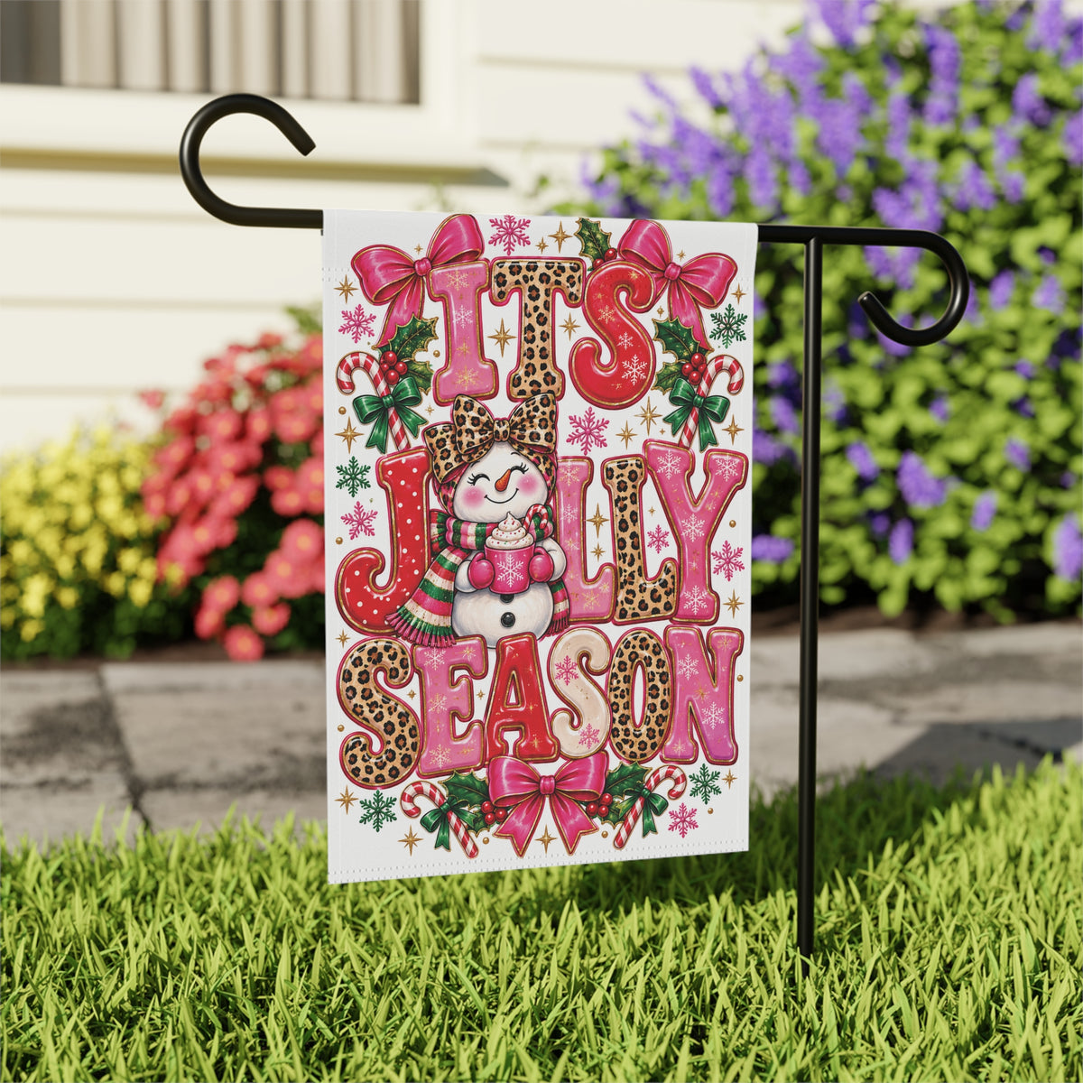 Preppy Christmas Garden Flag, Pink Snowman Yard Flag, Its Jolly Season Christmas Decor, Leopard Print Holiday Garden Flag, Girly Xmas Decor