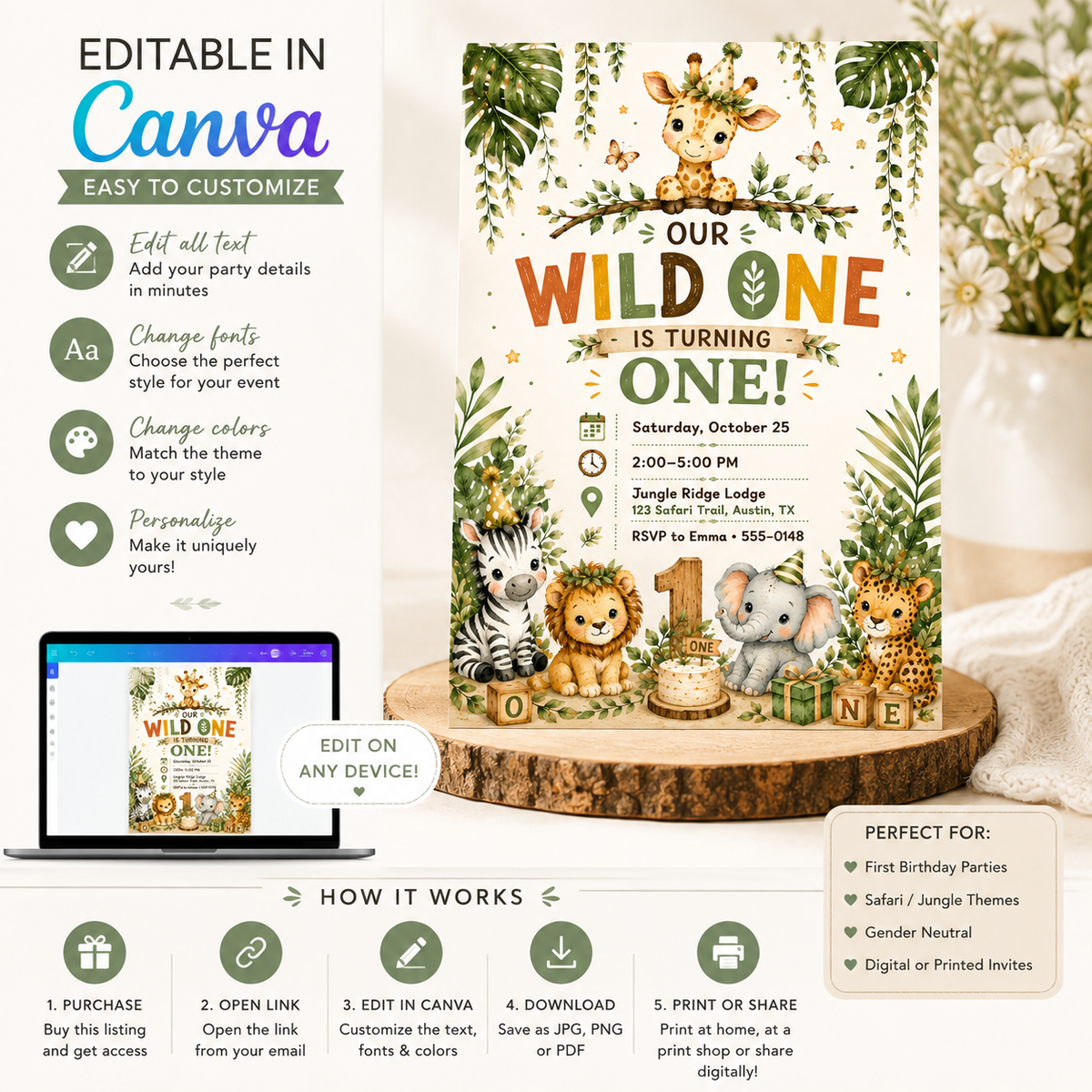 A digital product mockup for a customizable 'Our Wild One is Turning One!' baby shower invitation template. The image features a watercolor safari theme invitation card with cartoon lions, giraffes, and a cheetah on a wooden pedestal, alongside a laptop showing the Canva preview and text explaining how to edit in Canva and how it works.