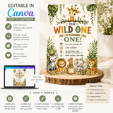 A digital product mockup for a customizable 'Our Wild One is Turning One!' baby shower invitation template. The image features a watercolor safari theme invitation card with cartoon lions, giraffes, and a cheetah on a wooden pedestal, alongside a laptop showing the Canva preview and text explaining how to edit in Canva and how it works.
