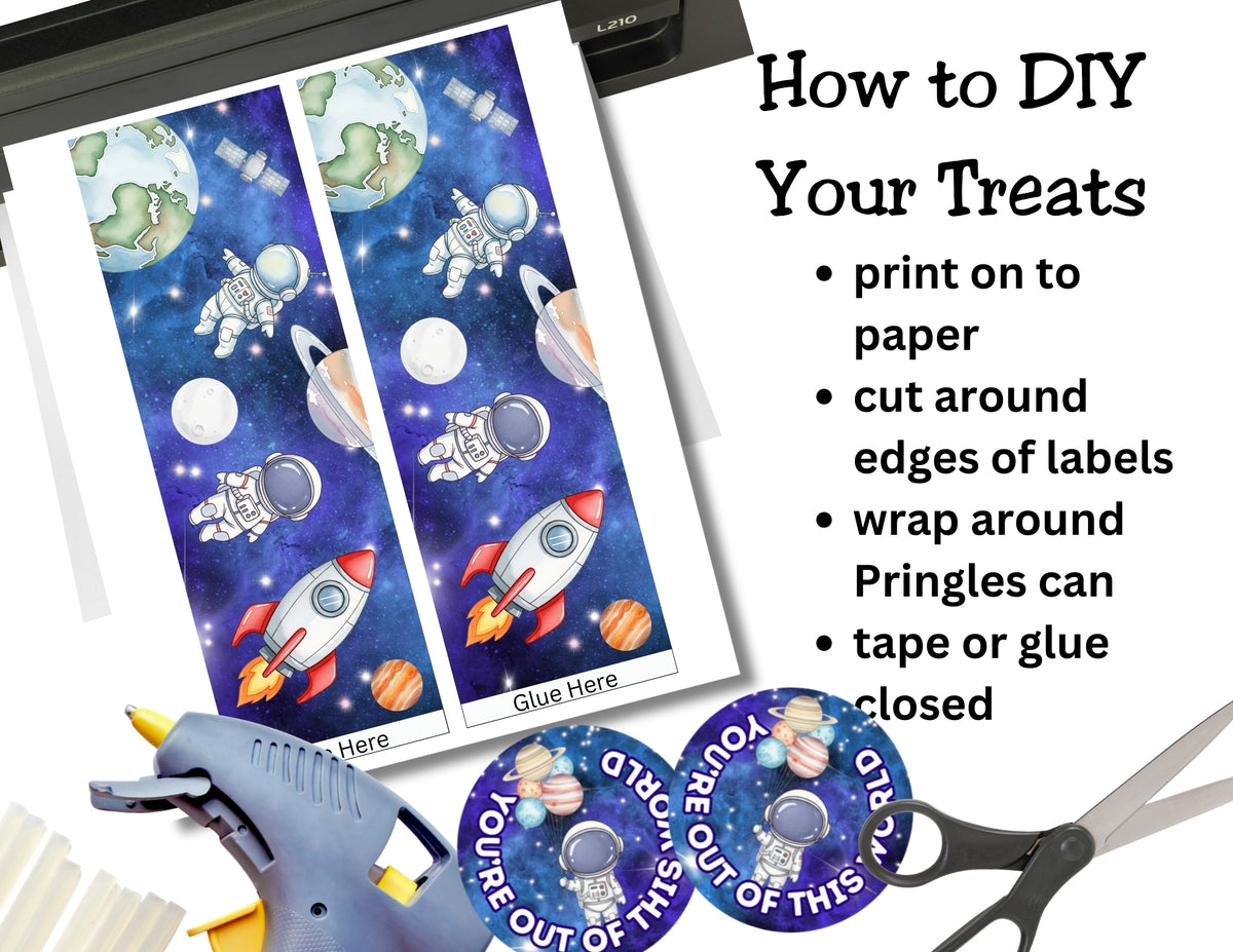 Space-themed labels with instructions on how to use them, including a hot glue gun and scissors.