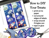 Space-themed labels with instructions on how to use them, including a hot glue gun and scissors.