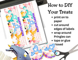 Instructions for DIY Easter treat packaging with printed labels, glue gun, and scissors.