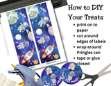 Instructions for DIY treats with space-themed labels, glue, scissors, and Pringles can.