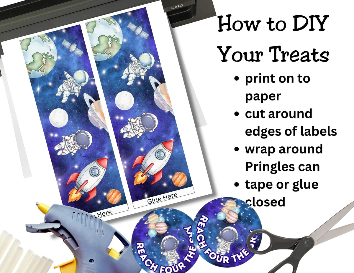 Instructions for DIY treats with space-themed labels, glue gun, and scissors on a white background.