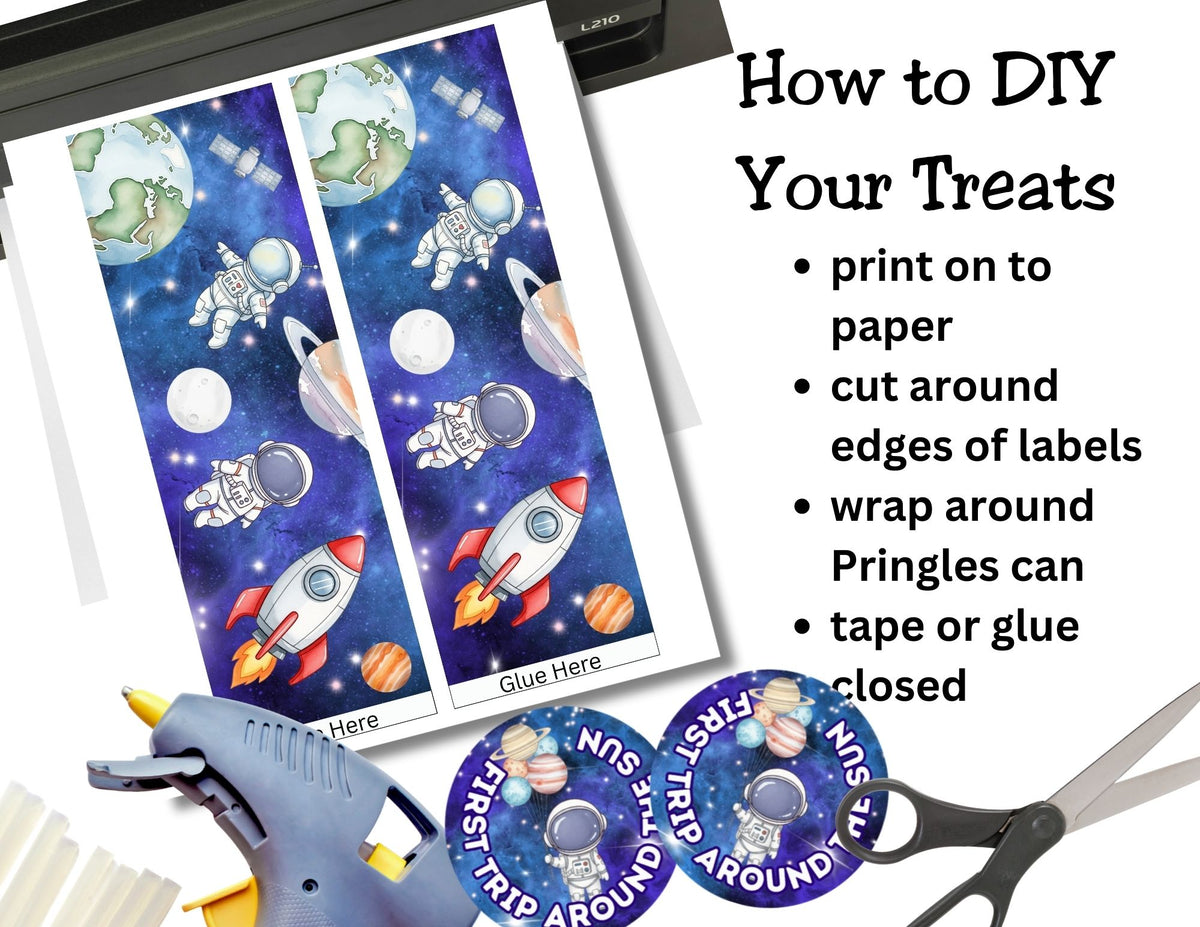 Instructions for DIY treats with space-themed labels, glue gun, and scissors on a white background.