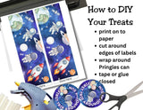 Instructions for DIY treats with space-themed labels, glue gun, and scissors on a white background.