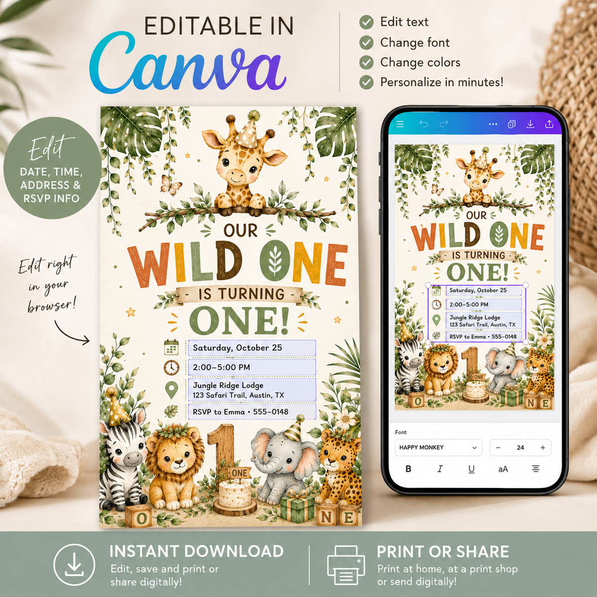 A promotional graphic for a customizable children's first birthday invitation template. The design features cute cartoon animals including a lion, giraffe, elephant, and mouse in a jungle theme, with a large number one and the text 'Our Wild One is Turning One!'.