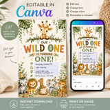 A promotional graphic for a customizable children's first birthday invitation template. The design features cute cartoon animals including a lion, giraffe, elephant, and mouse in a jungle theme, with a large number one and the text 'Our Wild One is Turning One!'.
