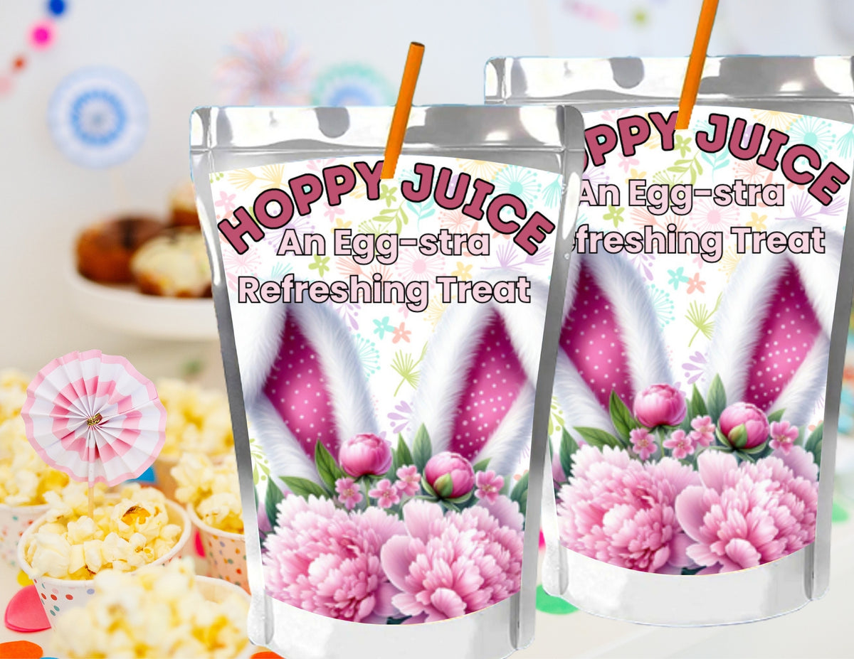 Two packages of 'Hoppy Juice' with floral designs and text on a colorful background.