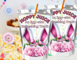 Two packages of 'Hoppy Juice' with floral designs and text on a colorful background.