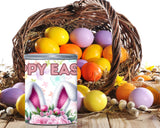 Colorful Easter eggs in a basket with a 'Happy Easter' cookie jar.