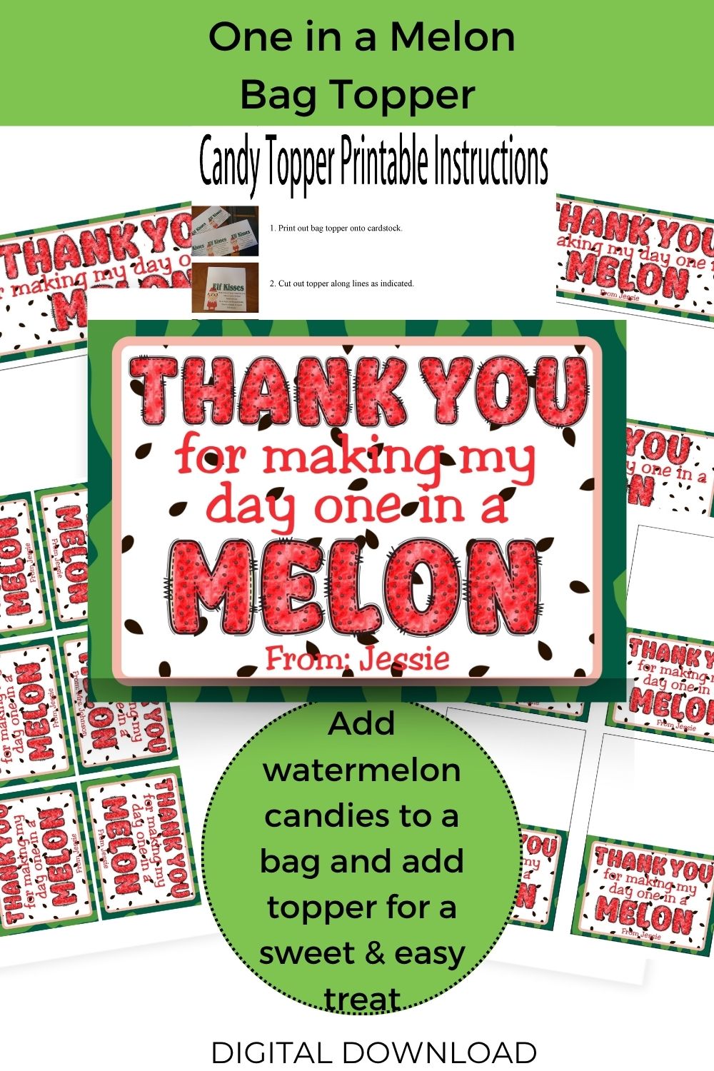 One in a Melon Thank You Canva Template Bag Topper Printable