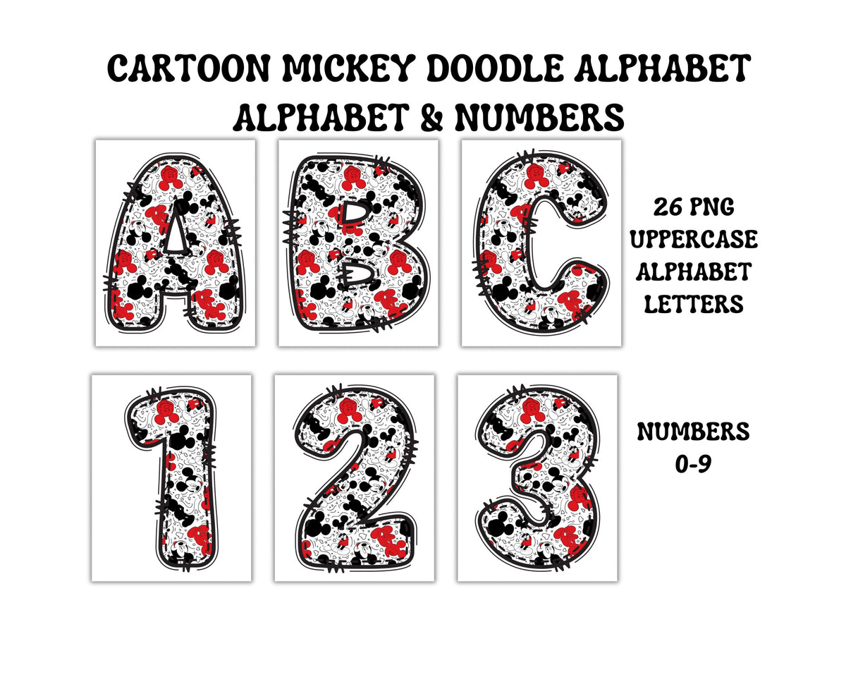 Mickey Heads Doodle Alphabet Clip Art for Parties, Nursery Decor