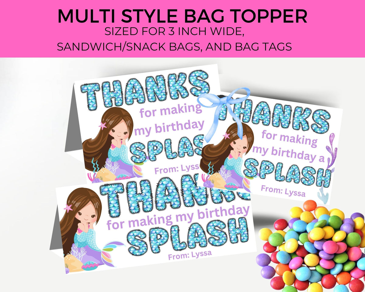 Custom Mermaid Thank You Personalizable Bag Topper Tag Canva Template Printable