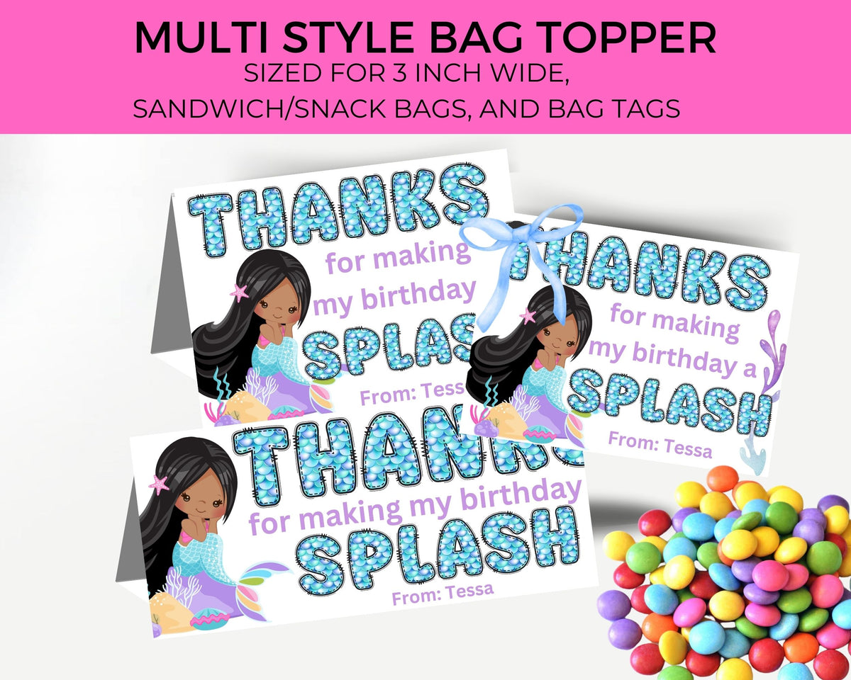 Custom Mermaid Thank You Personalizable Bag Topper Tag Canva Template Printable