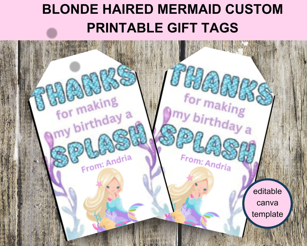 Little Mermaid Custom Name Thank You Gift Tag Canva Template Printable