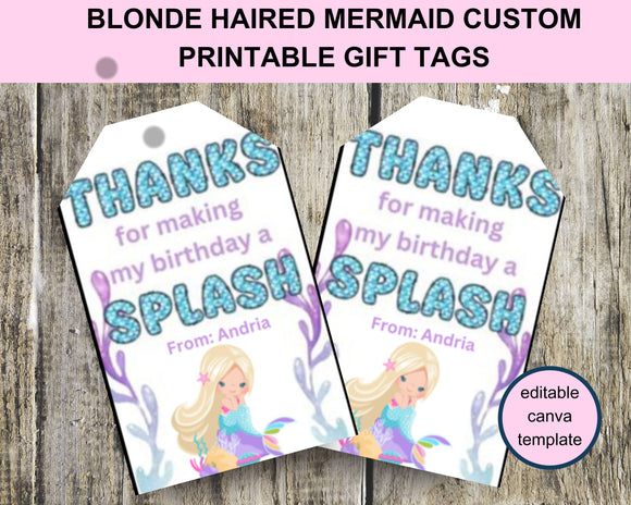 Little Mermaid Custom Name Thank You Gift Tag Canva Template Printable