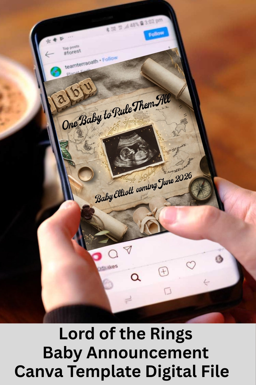 This Lord of the Rings–inspired pregnancy announcement turns your sonogram into a treasured artifact, complete with an aged Middle-earth map, golden glow, and the iconic phrase “One Baby to Rule Them All.” Perfect for fantasy lovers looking for a magical, cinematic baby reveal to share on social media.