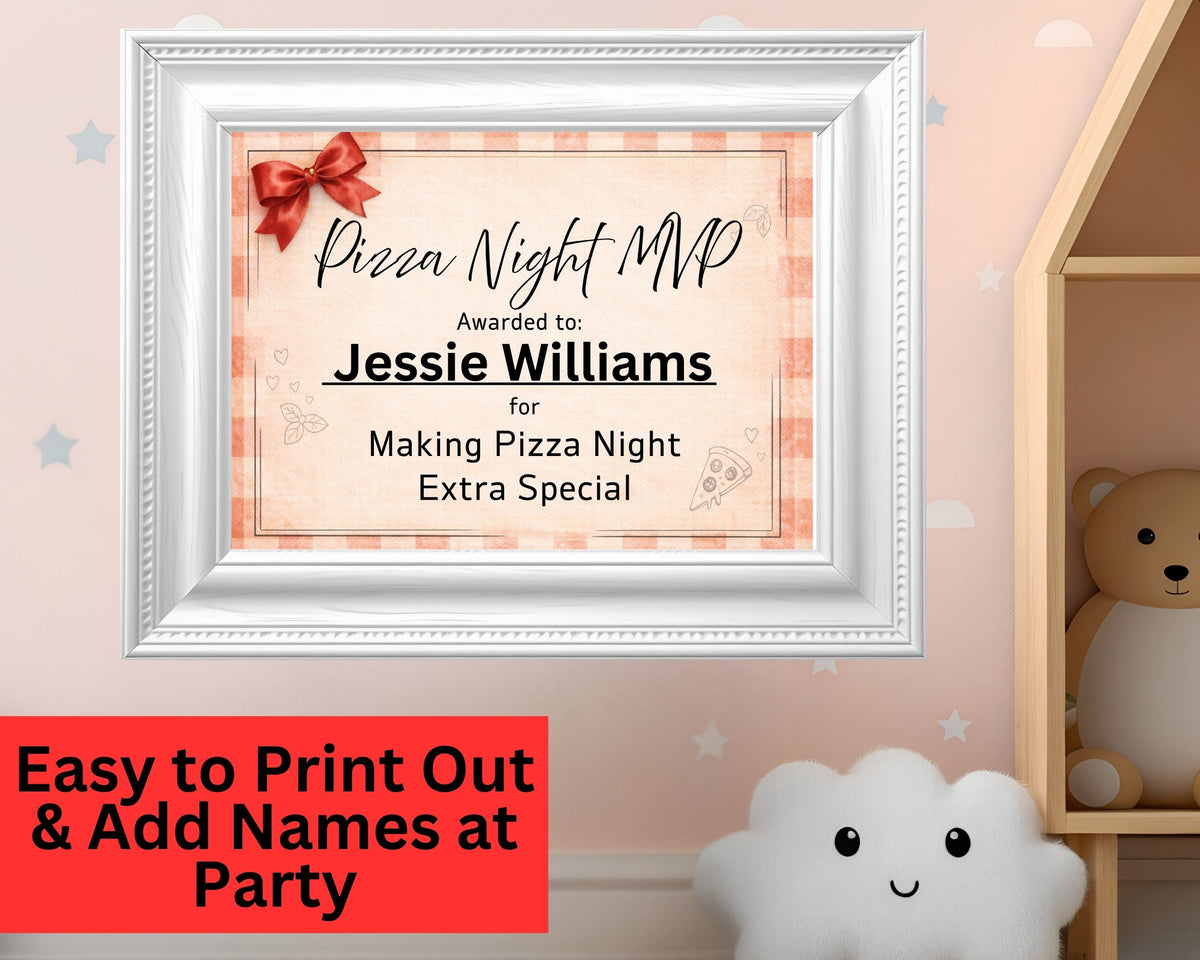 Framed certificate titled 'Pizza Night MVP' with a red bow on a pink background, displayed in a room with a teddy bear and cloud toy.