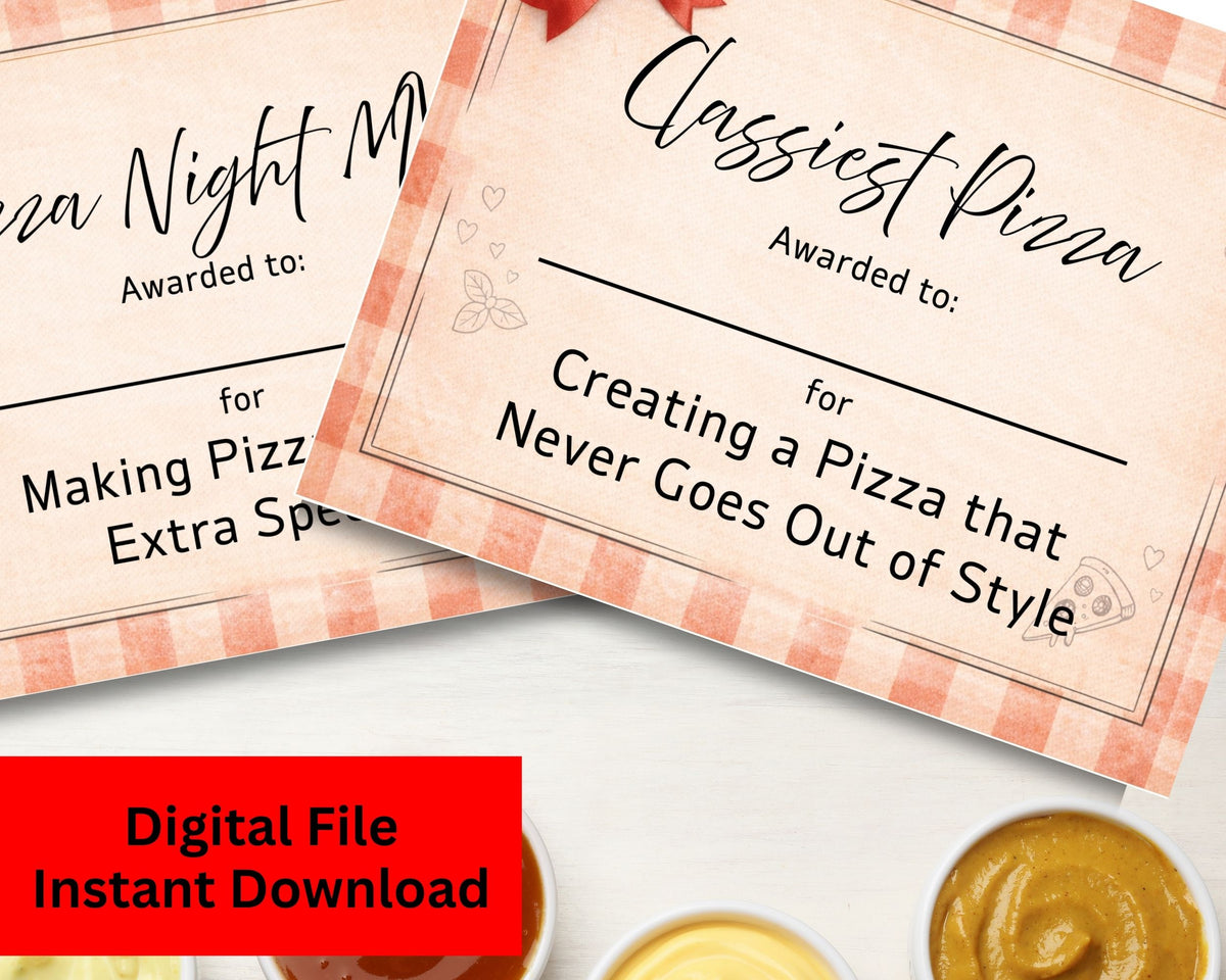 Two certificates titled 'Classiest Pizza' and 'Best Pizza Night' on a white background with pizza toppings.