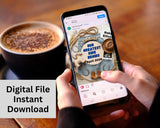 Person holding a smartphone with a baby shower invitation on the screen, next to a cup of coffee.