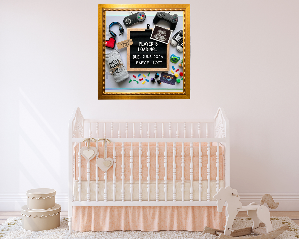Player 3 Gamer Baby Announcement Canva Template