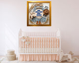 Nursery room with a crib, rocking horse, and framed baby announcement sign.