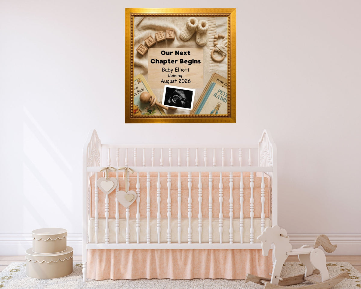 Our Next Chapter Book Themed Pregnancy Announcement Canva Template