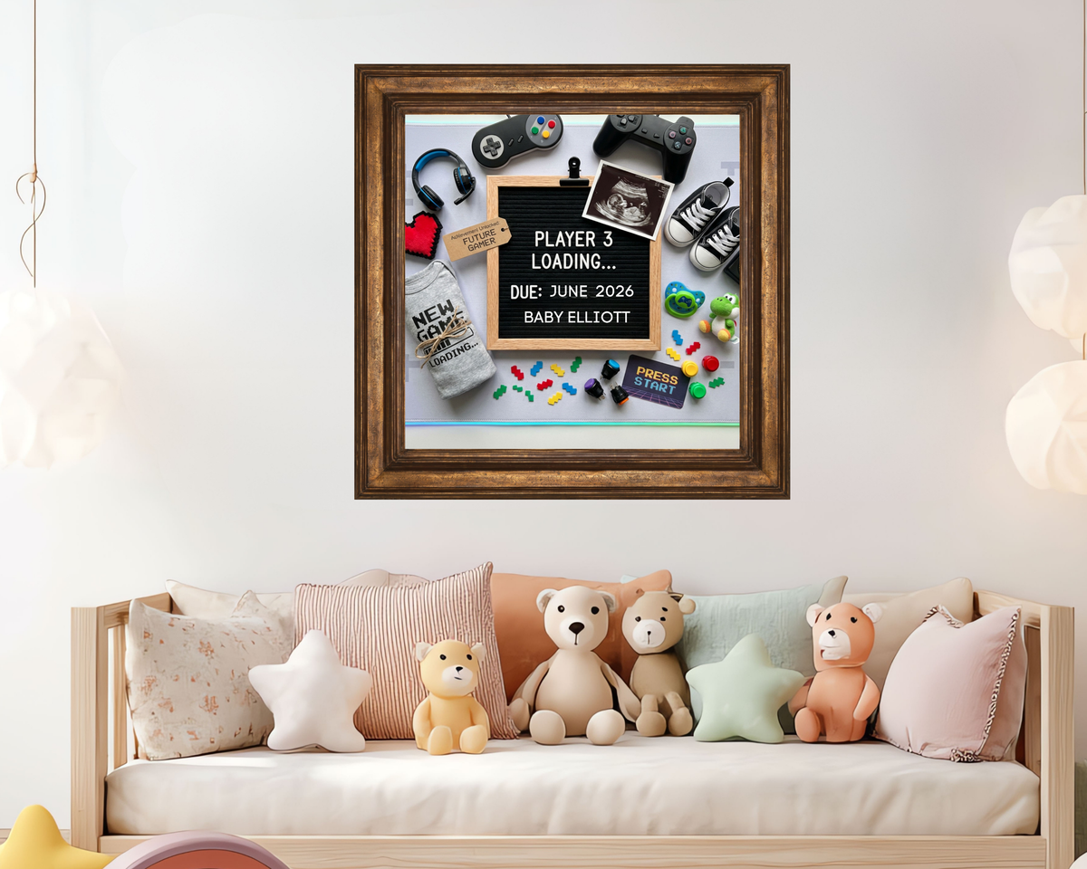 Player 3 Gamer Baby Announcement Canva Template