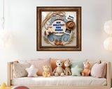 Decorative wall art with baby-themed elements in a nursery setting.