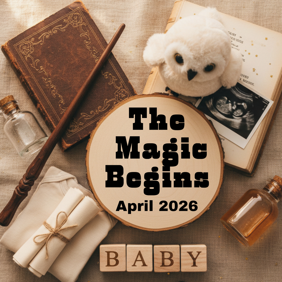 Decorative setup with books, teddy bear, and baby announcement elements on a textured surface.
