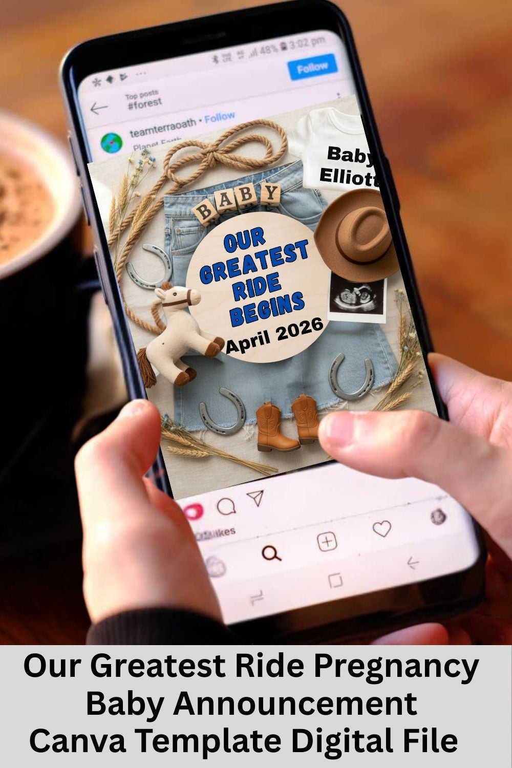 Announce your baby in western style with the Greatest Ride Begins baby announcement Canva template, a rustic and modern social media design perfect for sharing your exciting news online. Featuring a cozy flat-lay aesthetic with cowboy boots, rope accents, wooden details, and a soft country nursery vibe, this western-inspired baby reveal is ideal for rodeo lovers, country families, and western-themed announcements.

This cowboy baby announcement is fully editable in Canva, allowing you to personalize the nam